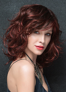 Perruques de cheveux des femmes bouclés perruques bandoulière brun châtaigne longueur côté synthétiq