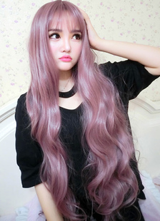 Longues perruques cheveux synthétique lilas ondulés perruques des femmes avec frange