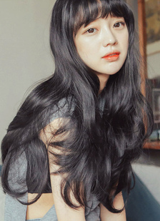 Perruques de cheveux féminines longues perruques frange émoussée synthétiques ondulés noire