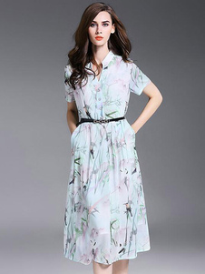 Flare robe patineuse plissée robe manches courtes Floral imprimé féminin avec ceinture