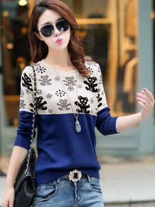 Chandails tricot contraste couleur des femmes imprimé pull décontracté chandails