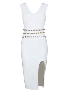 Bodycon blanc habille les robes des femmes sans manches ceinture gaine élégant pour partie