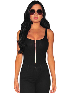 Bodysuit U-cou noir sans manches avec fermeture éclair Sexy Lingerie féminine