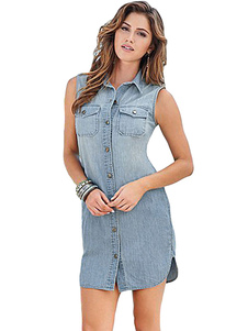 Robe sans manches denim chemise robe féminine bouton bleu clair