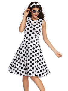 Vintage blanc robes robe sans manches Flare Fit douce Polka Dot pour femmes