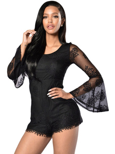 Black manches évasées Lace-up Combi Lace barboteuse manches longues Sexy féminin