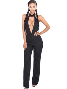 Combinaison noire féminine avec Sexy Halter décolleté plongeant sans manches dos nu dans la jambe dr