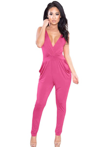 Combinaison Sexy de femmes en Rose rouge avec décolleté plongeant la jambe maigre sans manches