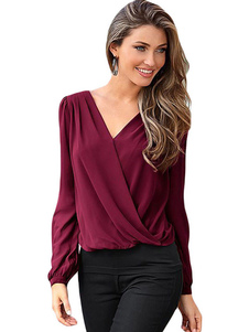 V-Neck Blouses à manches longues dentelle Patchwork femmes Cross avant Tops Casual