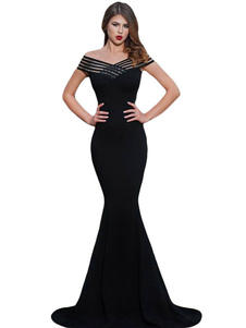 Robe Maxi noire Off-the-Shoulder étage sans manches longueur sirène robes longues