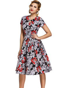 Robes de Vintage femmes manches courtes Flare Fit impression Floral Dress