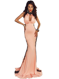 Robe Maxi dentelle Patchwork col plongeant étage longueur robes longues femmes