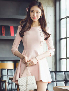 Skater femmes robes 3/4-Length manches boutons détaillent robes plissées Flare