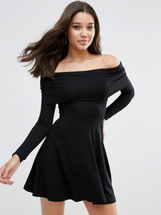 Robes noires hors-la-épaule manches longues femmes couches coton Flare robes