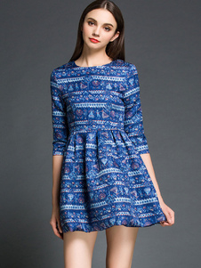 Flare plissé femmes robes taille haute demi-manchon Mordern imprimés robes ruché