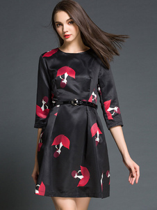 Robes noires plissées demi-manchon femmes imprimés robes évasé avec ceinture