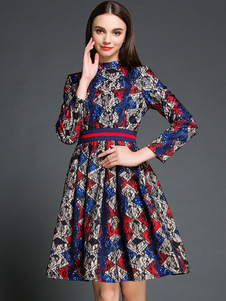 Flare dentelle robes Stand col manches longues féminines robes Jacquard ruché Slim Fit