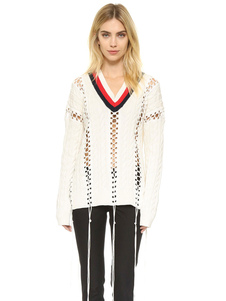 Chandails de tricot blanc v-Neck découpes pompons surdimensionné pull pulls femmes