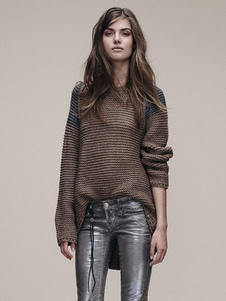 Pull femme Chandail tricot brun contraste couleur haute basse