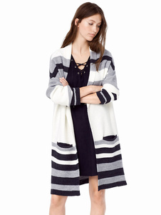 Poches de Cardigans femmes rayures couleur bloc mi-longs Pullover chandails