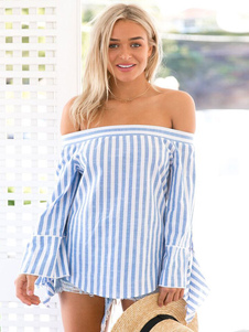 Chemise bleue rayée Off-the-Shoulder surdimensionné occasionnels blouses pour dames
