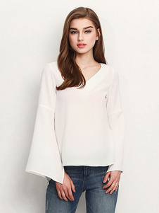 Col en v blanc Blouses manches ballon semi sheer des Tops en mousseline de soie pour les femmes