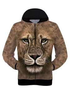 Brun Long Hoodie manches Lion hommes imprimer Hooded Jacket