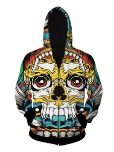 Crâne d’homme imprimé Hoodie Zip Up Tribal Sweatshirt à capuche