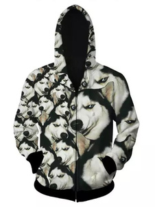Zip Up Sweat-shirt à capuche noir Hoodie homme avec impression de chien Husky