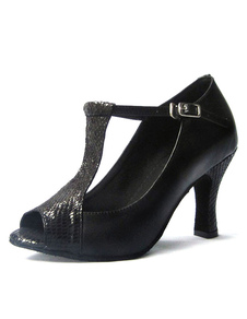 Danse de salon chaussures T-bracelet cuir vachette Peep noir pompes féminines