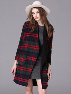 Manteau rouge carreaux manches longues col du Stand manteau des femmes