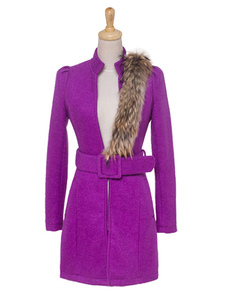 Stand col manches longues du manteau ceinturé manteau d’hiver rouge féminin