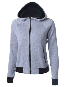 Gris Long Hoodie manches Zipper des femmes Up Hoodie bicolore