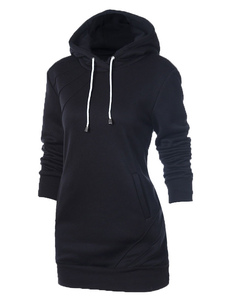 Noir Long Hoodie manches coton solide Hoodie féminin