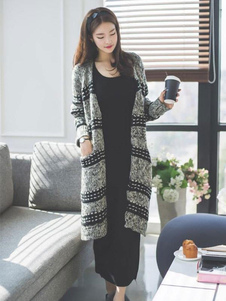 Cardigan rayé en coton manches longues gris ouvert avant Long Pull manteau femmes avec poches