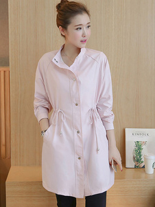 Rose manches longues Stand col Drawstring bouton avant du manteau de Trench Coat femmes avec poches