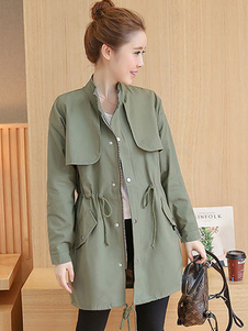 Trench Coat manches longues Stand col à capuche Drawstring occasionnel du manteau féminines avec poc