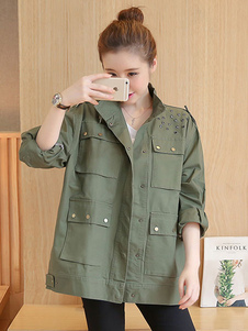 Vert Rivet manteau Casual féminin Outwear manches longues Stand collier lettres imprimées avec poche