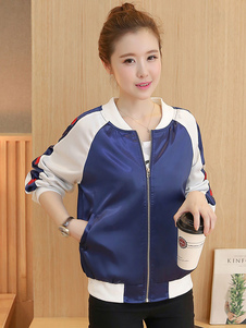 Bleu manches longues à capuche poche couleur contraste poil court de Baseball Jacket femmes