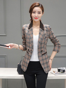 Plaided Blazer coton croisé 2 boutons manches longues col Turndown veste femme