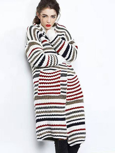Manches longues pull Front ouvert manteau Cardigan Long femme avec poches à rayures