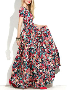Manches courtes rouge Floral Print Dress Maxi femmes découper robes longues