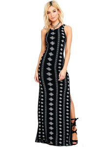 Cuisse Split noir sangles robe robe Maxi réservoir impression géométrique