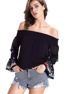 Imprimé noir chemisiers Off-the-Shoulder Half Sleeve Tops en mousseline de soie pour les femmes