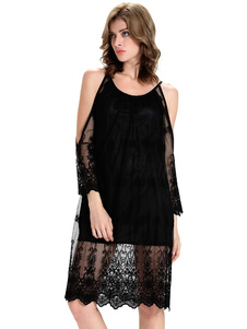 Robe de dentelle noire robe épaule ouverte semi sheer femmes glissement