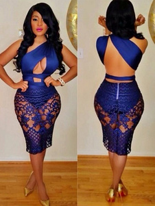 Bleu une épaule découpe asymétrique Sexy Bodycon robe en dentelle Club robe féminine