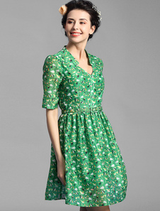 Mousseline de soie robes col v oiseau demi-manchon impression Flare robe Sash