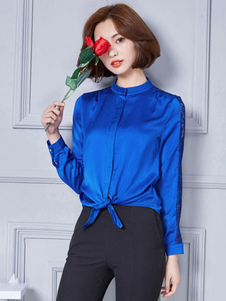 Blouses bleu dentelle femmes nouée chemises sport semi Sheer