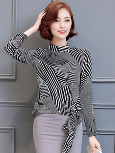 Chemise noire rayée manches longues noués Tops en mousseline de soie pour les femmes