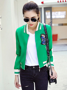 Baseball Jacket coton manches longues brodé Stand collier poil court des femmes
